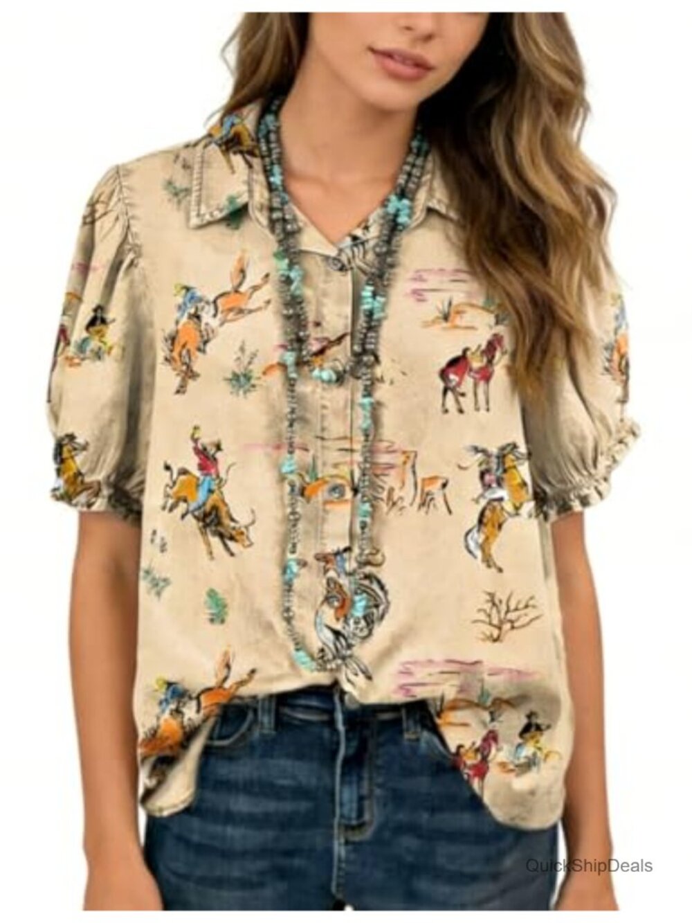 Western Cowboy Print Puff Short Sleeve V-Neck Button Down Blouse